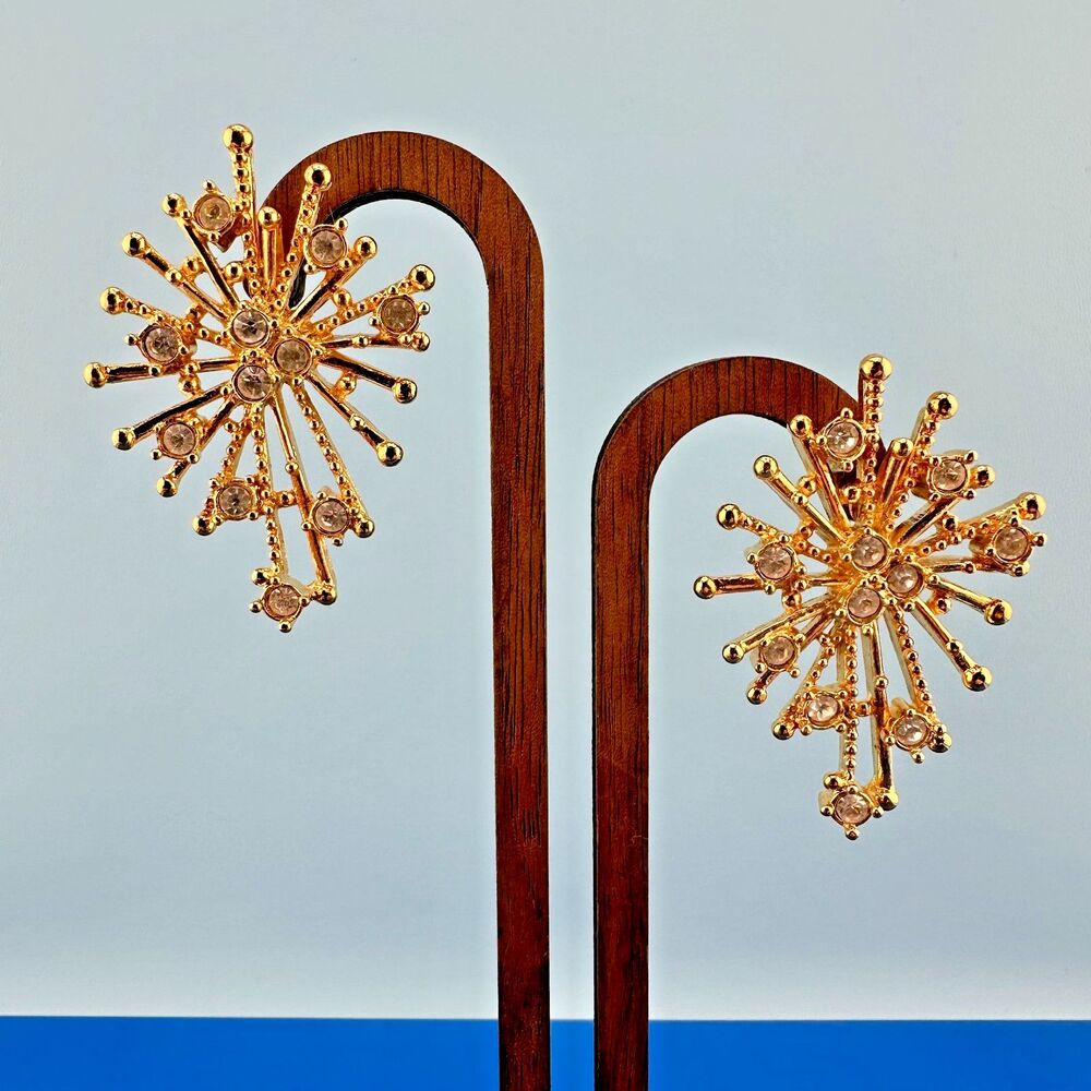 Vintage Avon Starburst Fireworks Earrings Gold Tone Clear Rhinestones Atomic